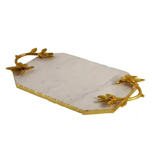 Luxury White Marble Serving Tray Decorative Gold Floral Handles Dishwasher Safe Portable Premium Display Tray for Table <b>Desk</b> - Product Image 2
