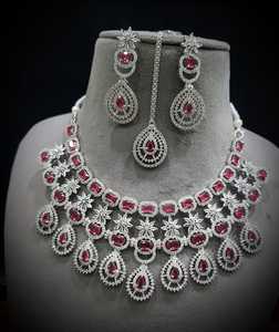 Indian <b>Women</b> Silver Plated Anti-Tarnish Necklace <b>Set</b> Matching Earring Maang Tika AD Jewellery Wedding Party Engagement <b>Gift</b> - Product Image 3