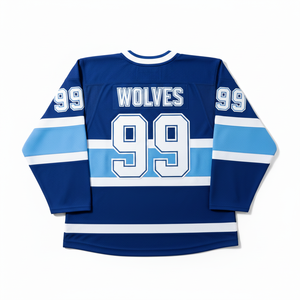 Maillot de hockey sur glace bleu personnalisé avec logo loup 99, impression sublimée, vêtements à manches longues pour hommes, anti-humidité - Product Image 3