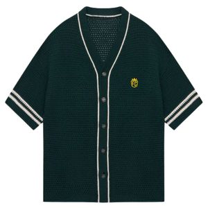 Men Crochet Knitted Baseball <b>Shirt</b> Short Sleeve Button Down Stripe Trim Casual Summer Knitwear OEM Wholesale Supply - Product Image 1