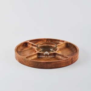 Handmade Mango Wood Sectional Serving Platter with 5 Compartments | Round Wooden <b>Snack</b> and Dry Fruit <b>Tray</b> - Product Image 4