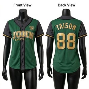 เสื้อเบสบอลหญิง พรีเมียม GSM โพลีเอสเตอร์ เนื้อนุ่ม ซับเหงื่อ สีเขียวอมฟ้า ลายทาง แถบสีแดงเลือดหมูที่แขนเสื้อ ติดกระดุมด้านหน้า พิมพ์ลายตามสั่ง - Product Image 3