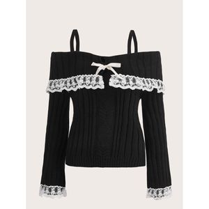 Suéter de Punto con Hombros Descubiertos y Lazo en la Parte Delantera para Mujer, Talla L, Color Negro - Product Image 1