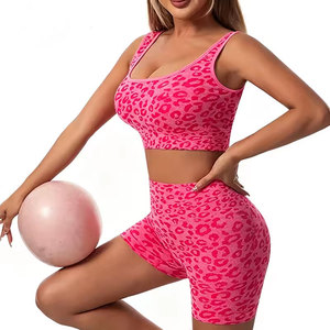 Leopard Print Yoga Set Women 2 Piece Crop <b>Top</b> High Waist Shorts Breathable Spandex Polyester Workout Outfit Square Neck - Product Image 3