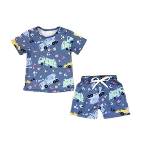 批发汉字定制男童夏季两件套服装套装卡通印花短袖抽绳短裤幼儿儿童服装 - Product Image 3