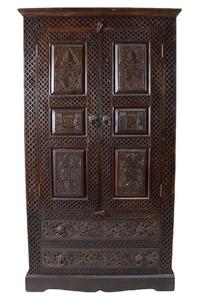 Luxury Handcrafted Solid Wood 2 Door <b>Wardrobe</b> Ornate Jaali Lattice Carving Premium Dark Oak Armoire - Product Image 4