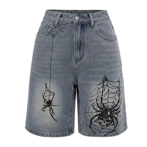 Shorts de Mezclilla Góticos de Cintura Alta con Estampado de Telaraña, Corte Holgado, Lavado Vintage, Pierna Recta, Shorts de Verano para Mujer - Product Image 1