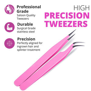 Pince à épiler pour extensions de cils de qualité supérieure, couleur rose, pointe droite et courbée, avec étui. - Product Image 6