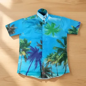Chemise hawaïenne pour homme à manches courtes, imprimé palmiers tropicaux, bleue, pour les vacances d'été, tissu popeline respirant, col boutonné - Product Image 3