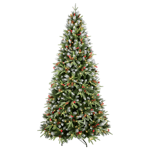 Premium 6ft <b>Artificial</b> Christmas <b>Tree</b> Green LED Lit 1593PE/PVC Mixed Branch Tips Red Fruit Pine Cone Hinged Foldable Design - Product Image 1