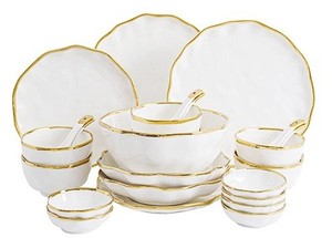 Juego de vajilla de 2/4/6/8 personas, estilo ligero y lujoso con borde dorado, elegantes bordes ondulados, libre de BPA, resistente a la decoloración, ideal para regalar en el hogar. - Product Image 3