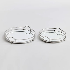 Oval <b>Mirrored</b> Storage <b>Tray</b> Set With Metal Frame And Handles Modern Design For Table Use 2 Pack - Product Image 4