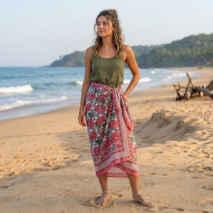 Paréo en coton imprimé à la main, motif floral rouge, léger, pour la plage, écharpe légère, couverture pour femme, logo personnalisé, respirant, vente en gros - Product Image 1