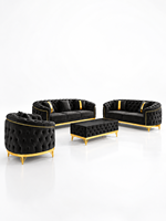 Ensemble de canapés Chesterfield noirs de luxe avec garniture dorée et design capitonné pour salon, hall, villa, bureau, hall d'entrée, style contemporain