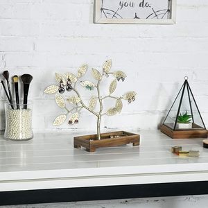 Brass Tone Metal Jewelry <b>Tree</b> Earring <b>Necklace</b> Holder Organizer Wooden Ring Tray Jewelry Stand Vanity Display Gift - Product Image 5