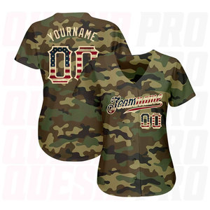 Maillot de baseball authentique Bottond en polyester à fines rayures pour filles, broderie Canada Amérique, motif camouflage drapeau USA vintage - Crème - Product Image 3