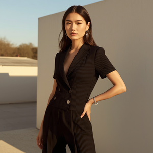 Womens Pleated Short Sleeve Woven Suit <b>Set</b> Formal Two-Piece Summer Button Outfit OEM - Product Image 2