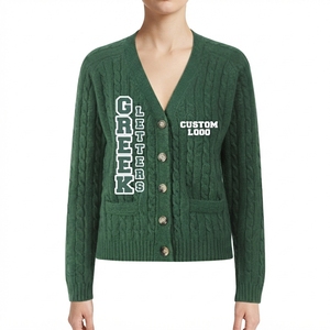 <b>Custom</b> Letters Women Knitwear Cable Knit V Neck Cardigan Winter Dark Green Solid Color Embroidered Logo Pullover Closure Pockets - Product Image 4