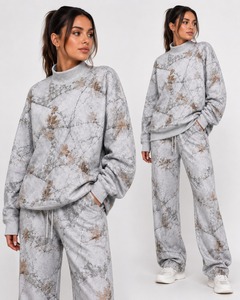 Women's Oversized Mock Neck <b>Quilted</b> <b>Sweatshirt</b> & Wide Leg Sweatpants Set | Casual Winter Lounge Wear | Printed 2 Piece Tracksuit - Product Image 1