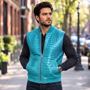 Gilet en cuir pour homme, gilet en cuir de motard, gilet en cuir véritable, gilet de moto, gilet western en cuir gaufré crocodile - Product Image 1