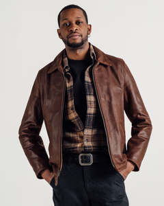 Veste en cuir véritable marron pour homme avec col en fausse fourrure, col rabattable, coupe classique, coupe-vent, style décontracté d'hiver - Product Image 1