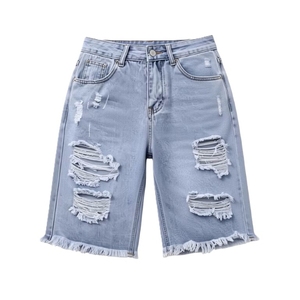 Pantalones Cortos Bermuda de Mezclilla Lavada de Cintura Alta para Hombre, Estilo Casual, con Botones, Dobladillo Deshilachado, Transpirables, para Verano - Product Image 5