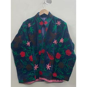 Hand <b>Embroidered</b> Velvet Cotton <b>Jacket</b> <b>Women</b> Full Sleeve Mandarin Collar Winter Bohemian Heart Pattern Coat - Product Image 1