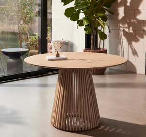 ชุดโต๊ะรับประทานอาหารไม้สักทรงกลมแบบโมเดิร์น พร้อมฐานขาตั้งแบบระแนงและเก้าอี้หุ้มเบาะสไตล์ร่วมสมัย - Product Image 2