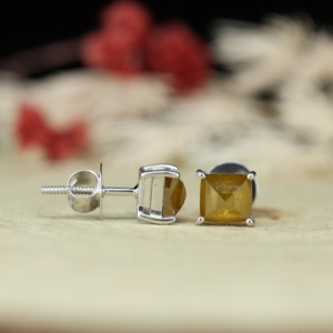 Real Yellow Citrine Solitaire Stud <b>Earrings</b> 925 Sterling Silver High Polish Square Faceted Dainty Claw Setting Push <b>Back</b> Gift - Product Image 5
