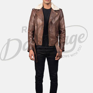 Chaqueta de Motociclista de Cuero Marrón para Hombre con Cuello de Piel de Oveja Blanca, Chaqueta de Motociclista Ajustada de Piel de Oveja Real con Cinturón para Invierno - Product Image 3