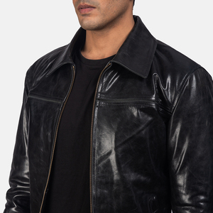 2026 Customized Black Genuine Cow Leather Hooded Rider Jacket for <b>Men</b> Autumn Bomber with Stand Collar and Front Logo - Product Image 6