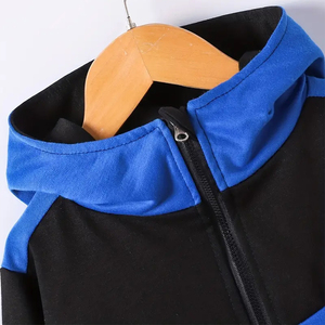 <b>Boys</b> Blue Black Color Blocking Hooded Tracksuit Set Full Sleeve Casual Autumn Wear With Side Pockets Elastic Waist 2027 - Product Image 3