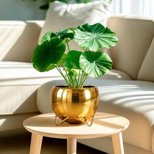 Pot de fleurs en métal doré artisanal avec support, décoration moderne pour plantes d'intérieur et d'extérieur, pour la maison, le bureau, le salon - Product Image 2