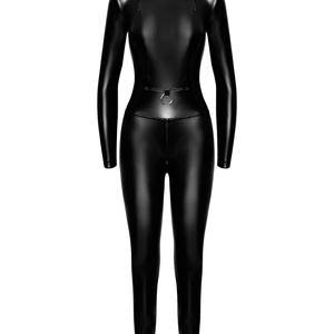 Mono ajustado de manga larga con cremallera y cintura alta para mujer, de PU negro, color liso, para discoteca - Product Image 2