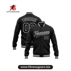 Chaqueta Varsity Negra a Rayas para Hombre JUST FITNESS GEARS, con Nombre y Número Personalizados, Estilo Casual para Otoño, Cierre de Botones y Cuello Camisero - Product Image 1