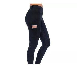 Leggings de equitación de cintura alta para mujer, largos, transpirables, con bolsillos, color negro sólido, pantalones de nailon y spandex tejidos - Product Image 2