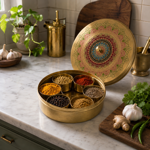 Caja de Especias de Latón Hecha a Mano con 7 Recipientes para Especias, Diseño Mandala, Organizador de Cocina para Especias Indias, Venta al Por Mayor OEM - Product Image 4
