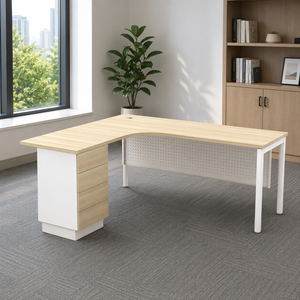 Escritorio de Oficina Moderno en Forma de L con Pedestal de 3 Cajones, Patas de Metal Blancas, Superficie de Madera, Mueble de Oficina Independiente para el Hogar - Product Image 1