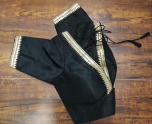 Navy Blue 100% Polyester Woven Elegant V Neck Short Sleeve Saree Blouse for Autumn/Winter/Spring/Summer <b>Wedding</b> Crop <b>Top</b> - Product Image 3