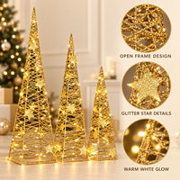 Gold Glitzer Eisendraht-Kegel-Weihnachtsbaum 40/50/60cm Vorbeleuchtet mit Warmweißen LED-Sternakzenten für Innenbereich/Hotel-Event-Dekoration