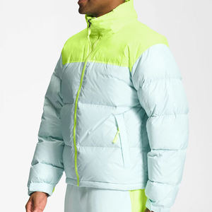Blouson matelassé homme color block col montant fermeture éclair coupe-vent sportif hiver bleu clair jaune fluo - Product Image 3