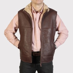 Men Cognac <b>Sheepskin</b> Genuine Leather <b>Gilet</b> Vest Winter Waistcoat Men's Cognac Leather <b>Sheepskin</b> <b>Gilet</b> - Product Image 1