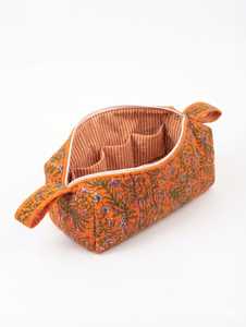 Pochette de maquillage vintage à fleurs, grande capacité, en coton matelassé orange, écologique, style bohème, avec fermeture éclair - Product Image 1