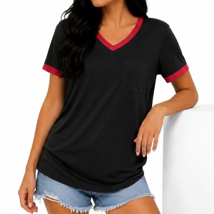 T-shirts décontractés pour femmes, col en V, brodés sur mesure, en coton respirant, à manches courtes, pour l'été - Product Image 1