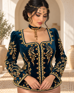 Deep Teal Velvet Elegant Moroccan Kaftan Pearl Details Copper Satin <b>Skirt</b> V Neck Flared Hem for Muslim Women Party Occasions - Product Image 1