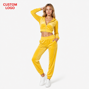 <b>Women</b> 2 Piece Velour Matching Set Long Sleeve Zip Crop Hoodie High Waist <b>Jogger</b> Sweatpants Custom Logo Low MOQ - Product Image 3