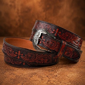 Ceinture en cuir western 38 mm pour homme et femme, motif floral embossé, boucle en laiton de haute qualité – Nouvelle collection tendance - Product Image 5