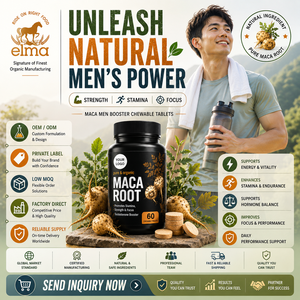 Tabletas Masticables de Raíz de Maca Elma Food, 60 Unidades, Halal, Naturales, para la Vitalidad Masculina, Energía y Metabolismo, Marca Privada OEM - Product Image 1