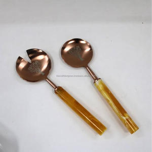 Gold Finish Stainless Steel Salad Fork And <b>Spoon</b> Salad Serving Sets With Rattan Grip Handles - Product Image 2