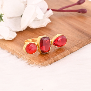 Stylish Garnet Hydro Triple Stone <b>Ring</b> Gold Plated Brass Handmade Gemstone <b>Adjustable</b> Fashion Jewelry Women's - Product Image 4